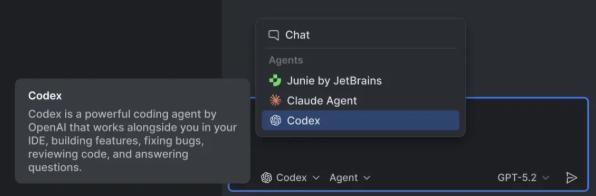 JetBrains IDE 界面展示 Codex 集成功能