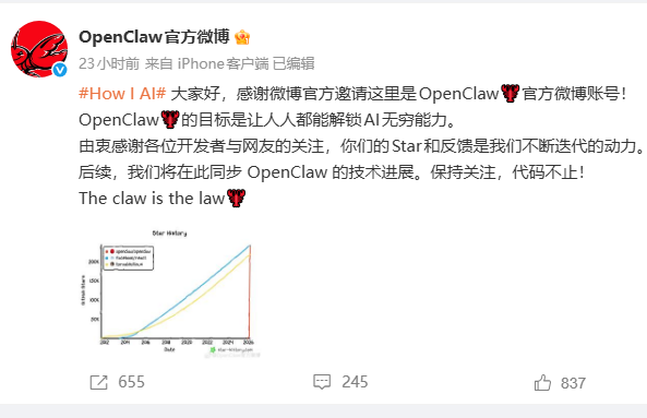 OpenClaw官方微博首条动态引发广泛关注